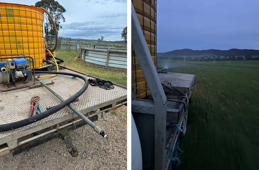 The tank and the spray set up on the back of the ute and applying the worm tea.
